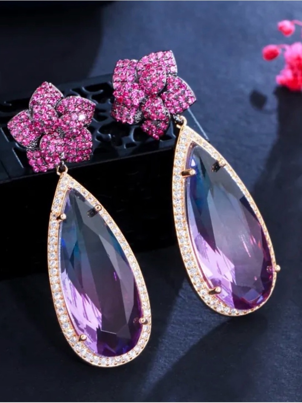 Purple Teardrop Flower Earrings NWT Rose Gold Plated
